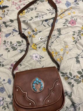 Brown Leather Justin Crossbody Bag with Turquoise Accent